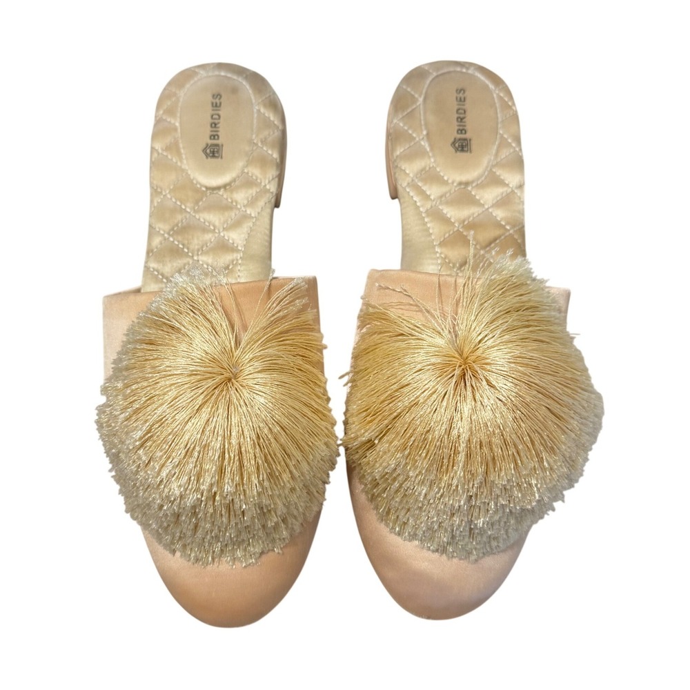 Birdies The Songbird Pom Pom‎ Satin Mules Womens 7.5 Gold Pointed Toe Slipper - Picture 6 of 13